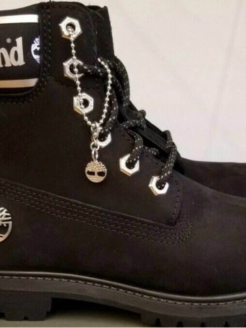 Timberland Black Leather Lace-Up Boots with Tree Charm